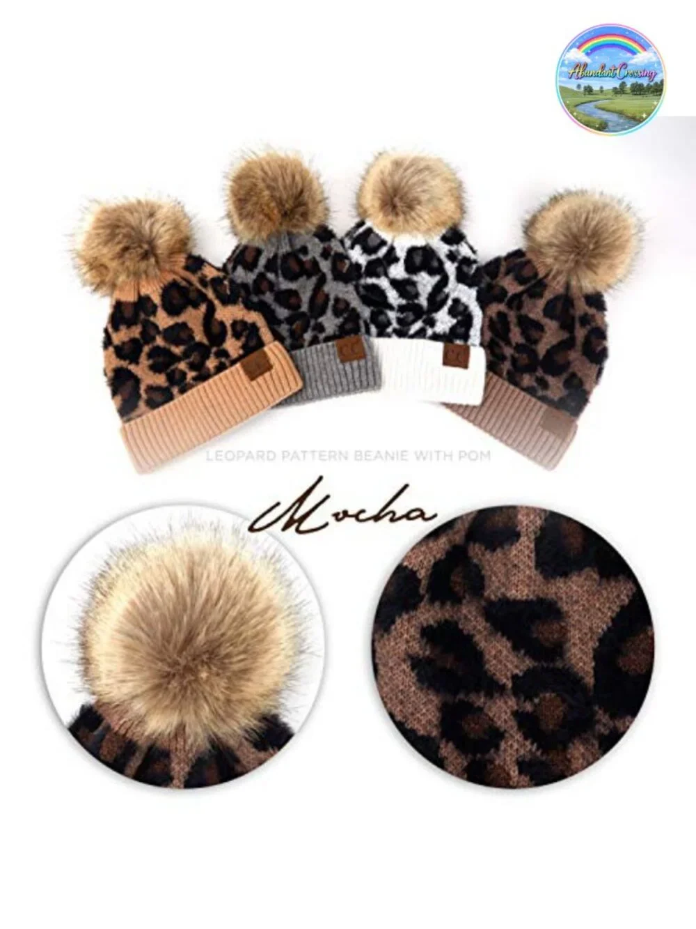 Soft Beanie Hat with Fur Pom Leopard Pattern Stretchable Winter Beanie